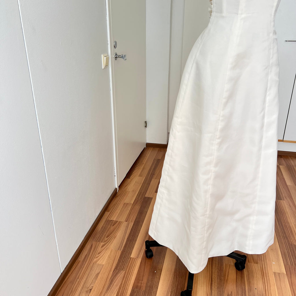 1990s MON CHERI Vintage Wedding Dress-Minimalist Bridal Gown-Low Back Satin Aline Wedding Gown