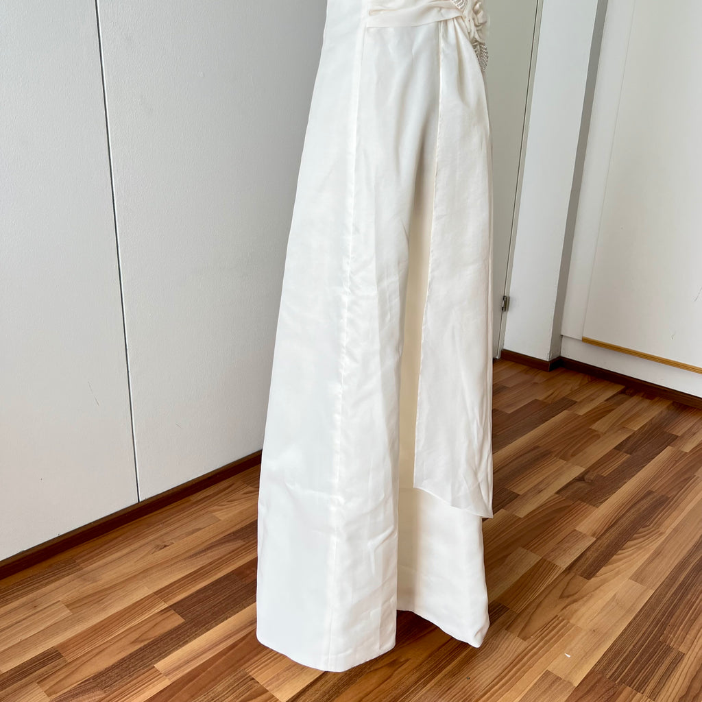 1990s MON CHERI Vintage Wedding Dress-Minimalist Bridal Gown-Low Back Satin Aline Wedding Gown