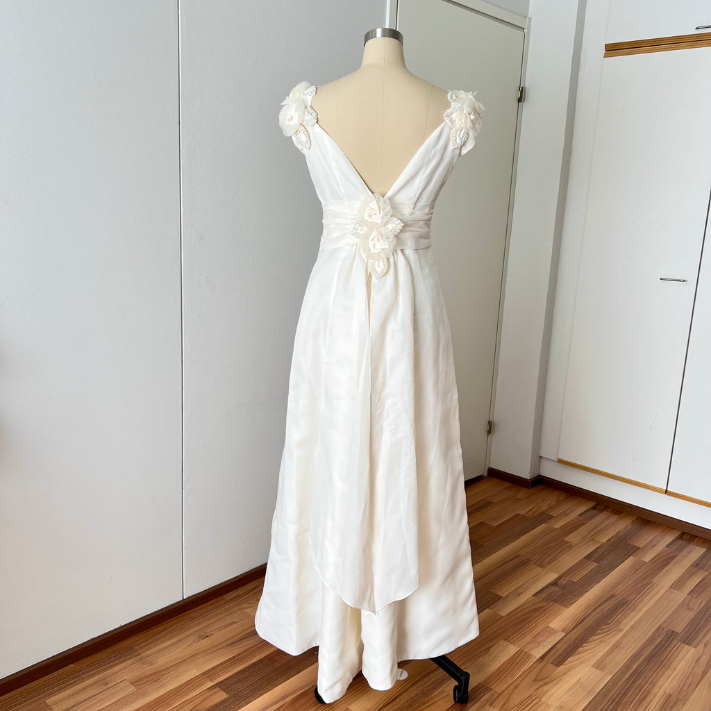 1990s MON CHERI Vintage Wedding Dress-Minimalist Bridal Gown-Low Back Satin Aline Wedding Gown