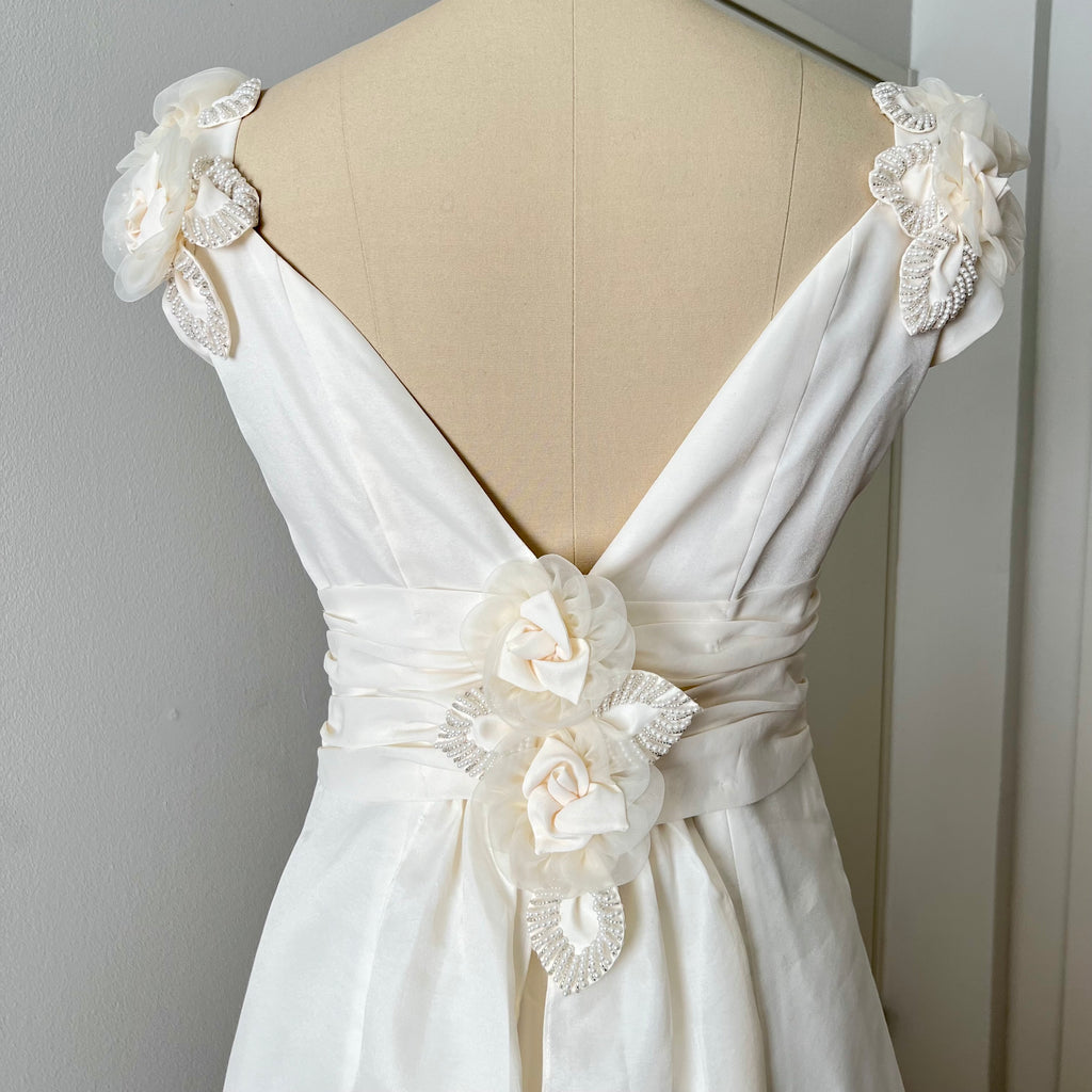 1990s MON CHERI Vintage Wedding Dress-Minimalist Bridal Gown-Low Back Satin Aline Wedding Gown