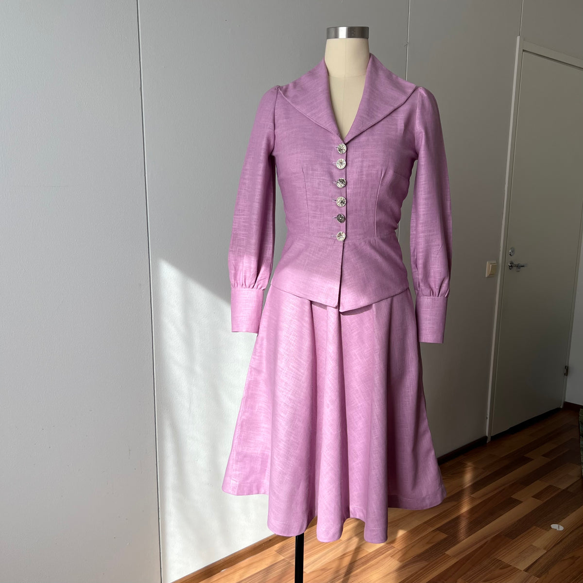 The Evelyn Two Piece Linen Skirt Set | 40s Dagger Collar Long Sleeve Peplum Top & A-line Skirt | Handmade Vintage Style Matching Coord Set