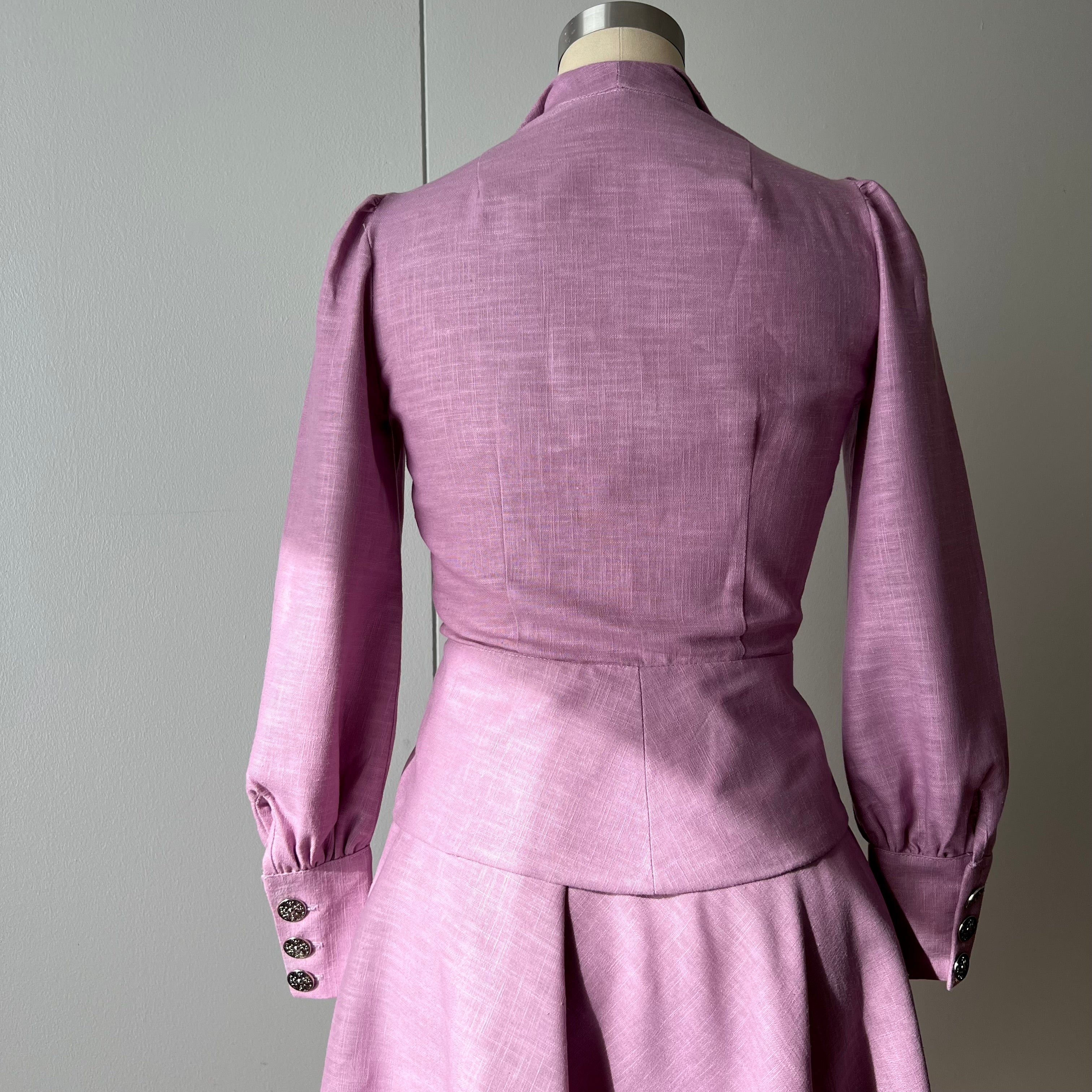 The Evelyn Two Piece Linen Skirt Set | 40s Dagger Collar Long Sleeve Peplum Top & A-line Skirt | Handmade Vintage Style Matching Coord Set