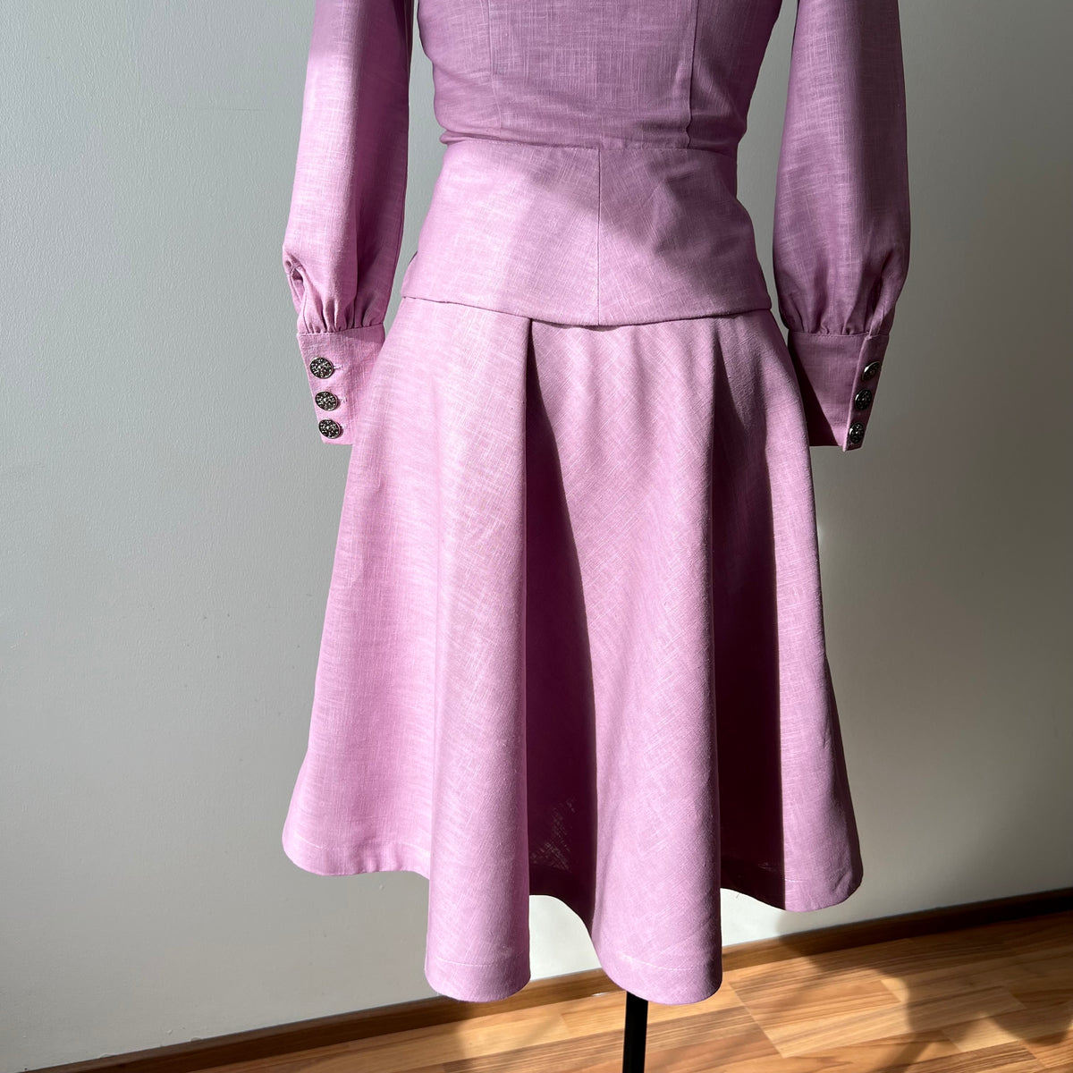 The Evelyn Two Piece Linen Skirt Set | 40s Dagger Collar Long Sleeve Peplum Top & A-line Skirt | Handmade Vintage Style Matching Coord Set