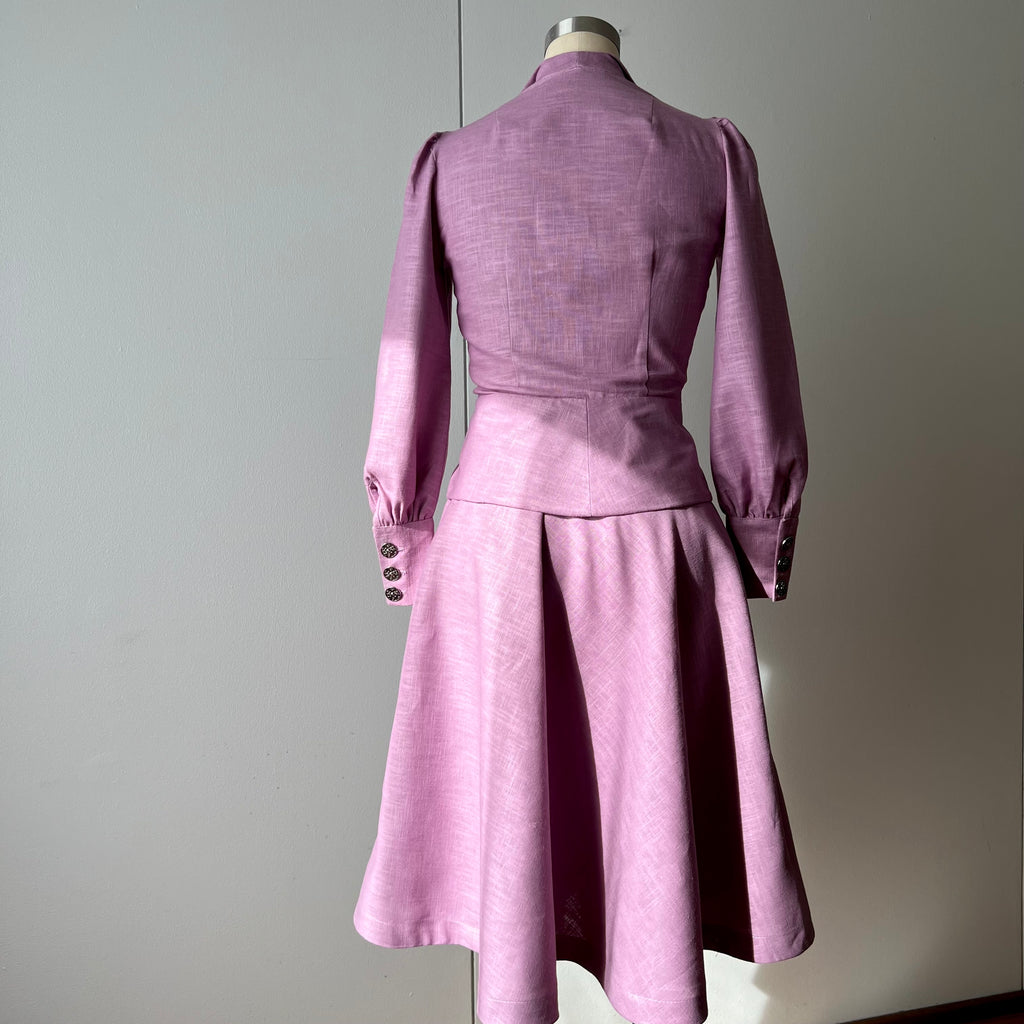The Evelyn Two Piece Linen Skirt Set | 40s Dagger Collar Long Sleeve Peplum Top & A-line Skirt | Handmade Vintage Style Matching Coord Set