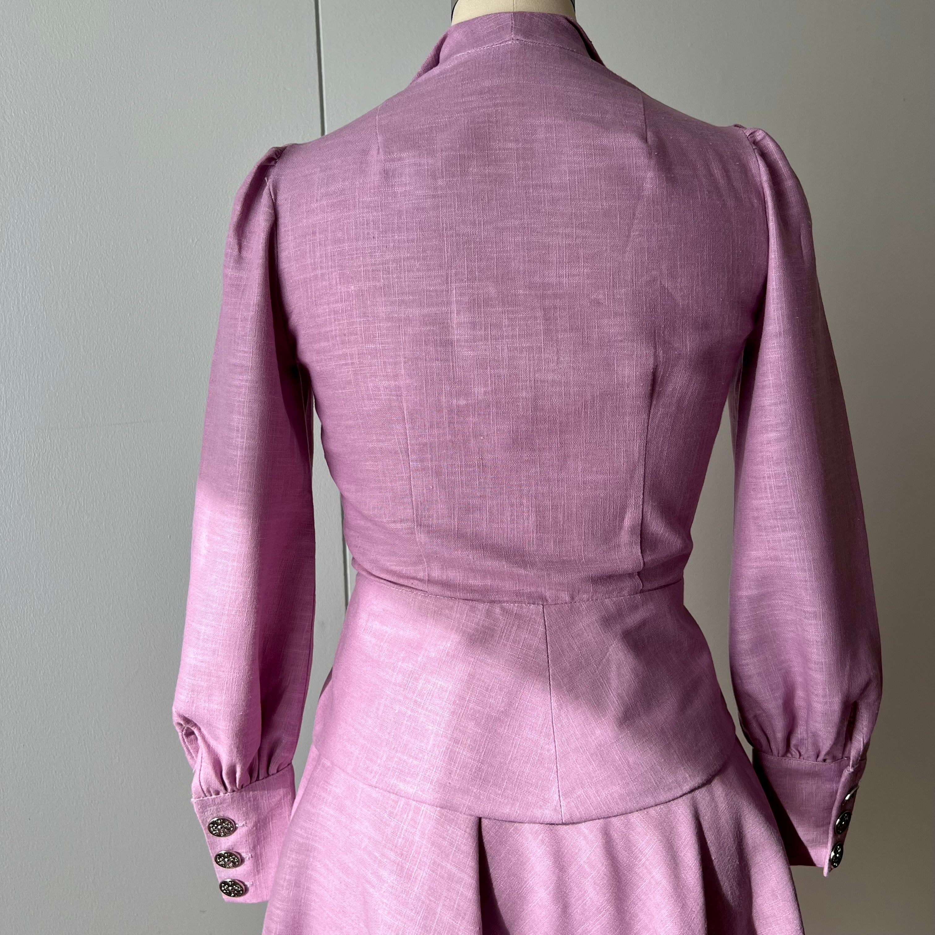 The Evelyn Two Piece Linen Skirt Set | 40s Dagger Collar Long Sleeve Peplum Top & A-line Skirt | Handmade Vintage Style Matching Coord Set