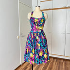 1980s RADAR Tropical Print Halter Dress-1950s Style Viscose Rockabilly Dress