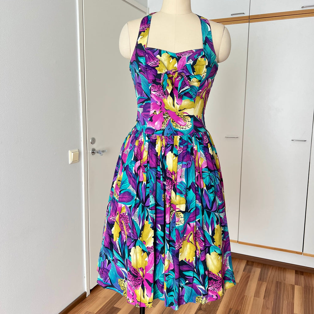 1980s RADAR Tropical Print Halter Dress-1950s Style Viscose Rockabilly Dress