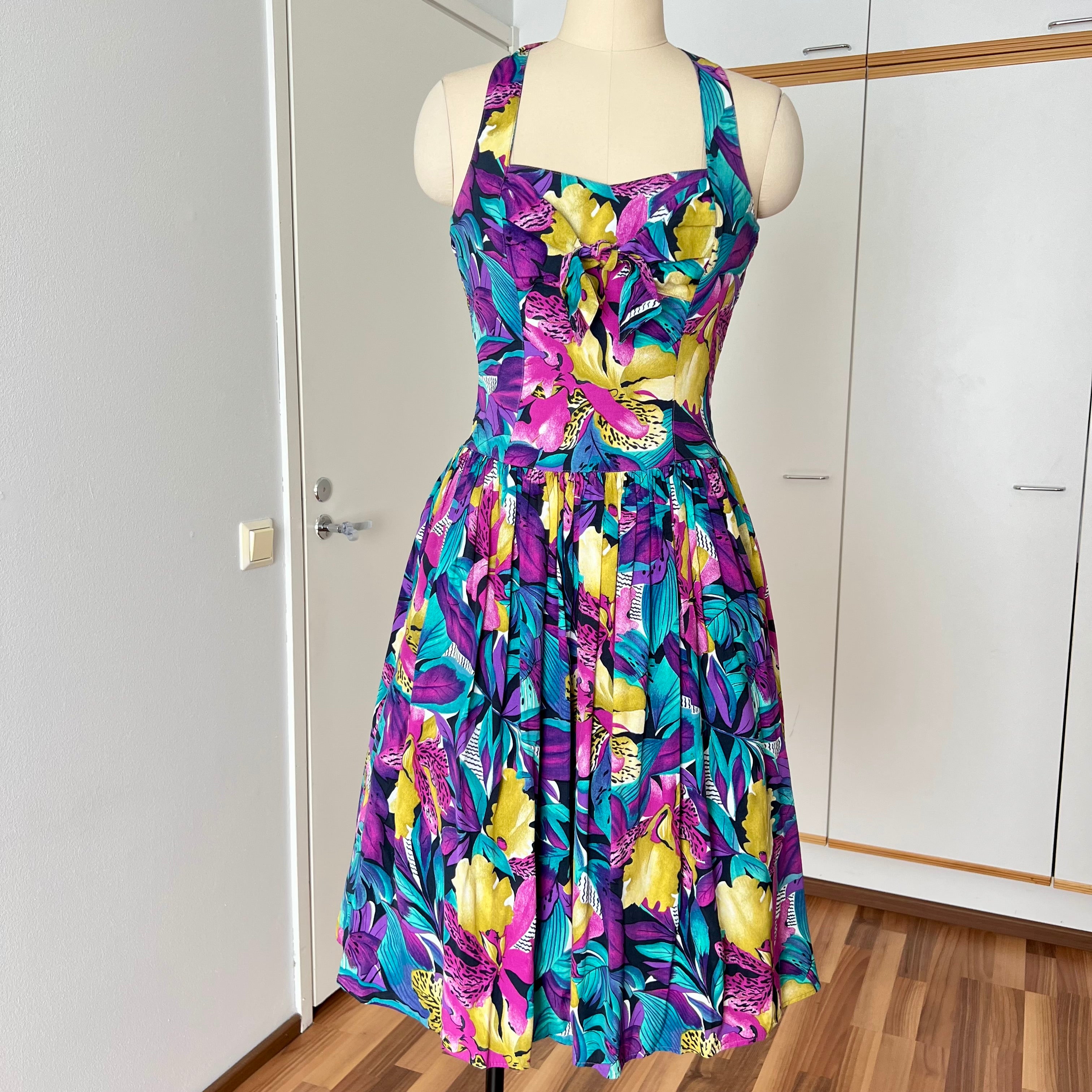 1980s RADAR Tropical Print Halter Dress-1950s Style Viscose Rockabilly Dress