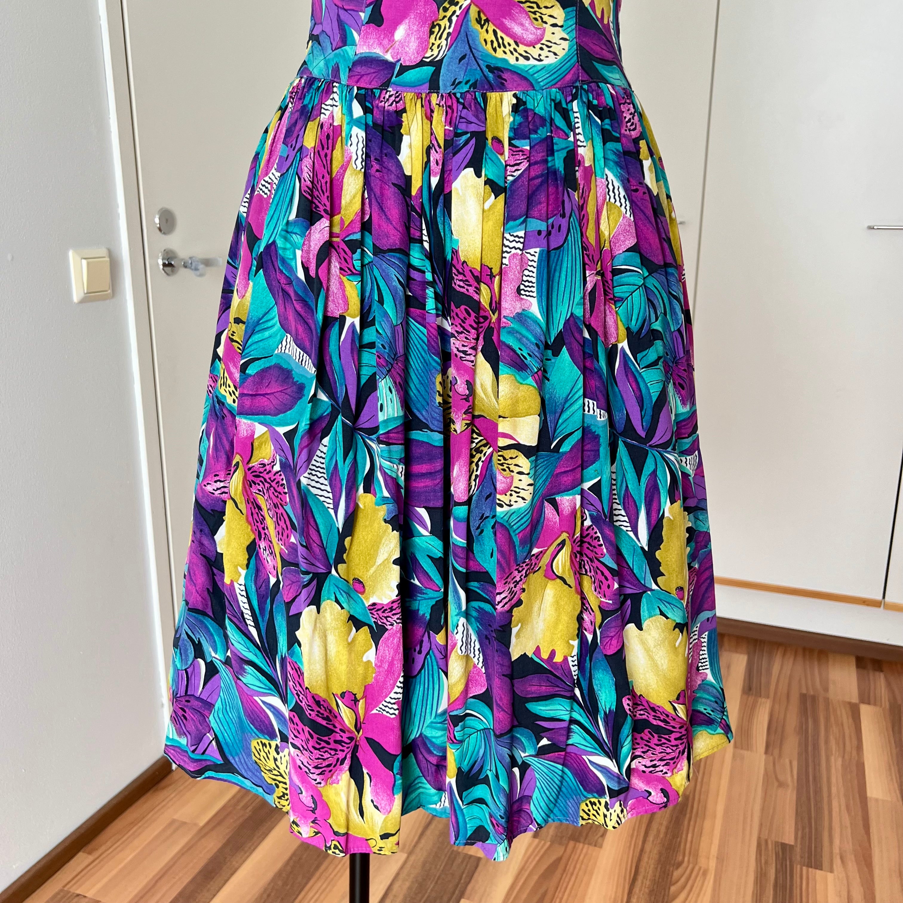 1980s RADAR Tropical Print Halter Dress-1950s Style Viscose Rockabilly Dress