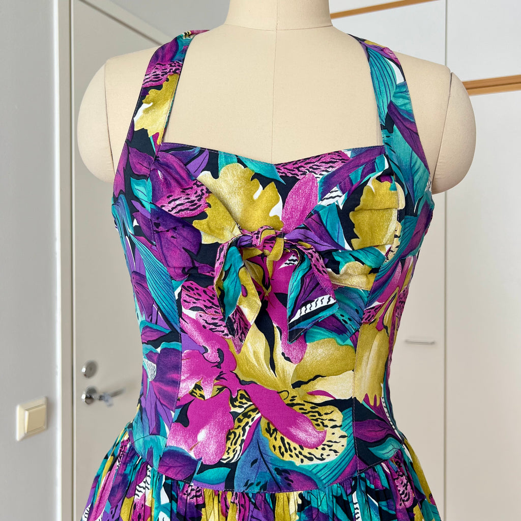 1980s RADAR Tropical Print Halter Dress-1950s Style Viscose Rockabilly Dress
