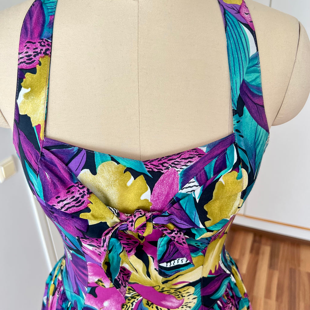 1980s RADAR Tropical Print Halter Dress-1950s Style Viscose Rockabilly Dress