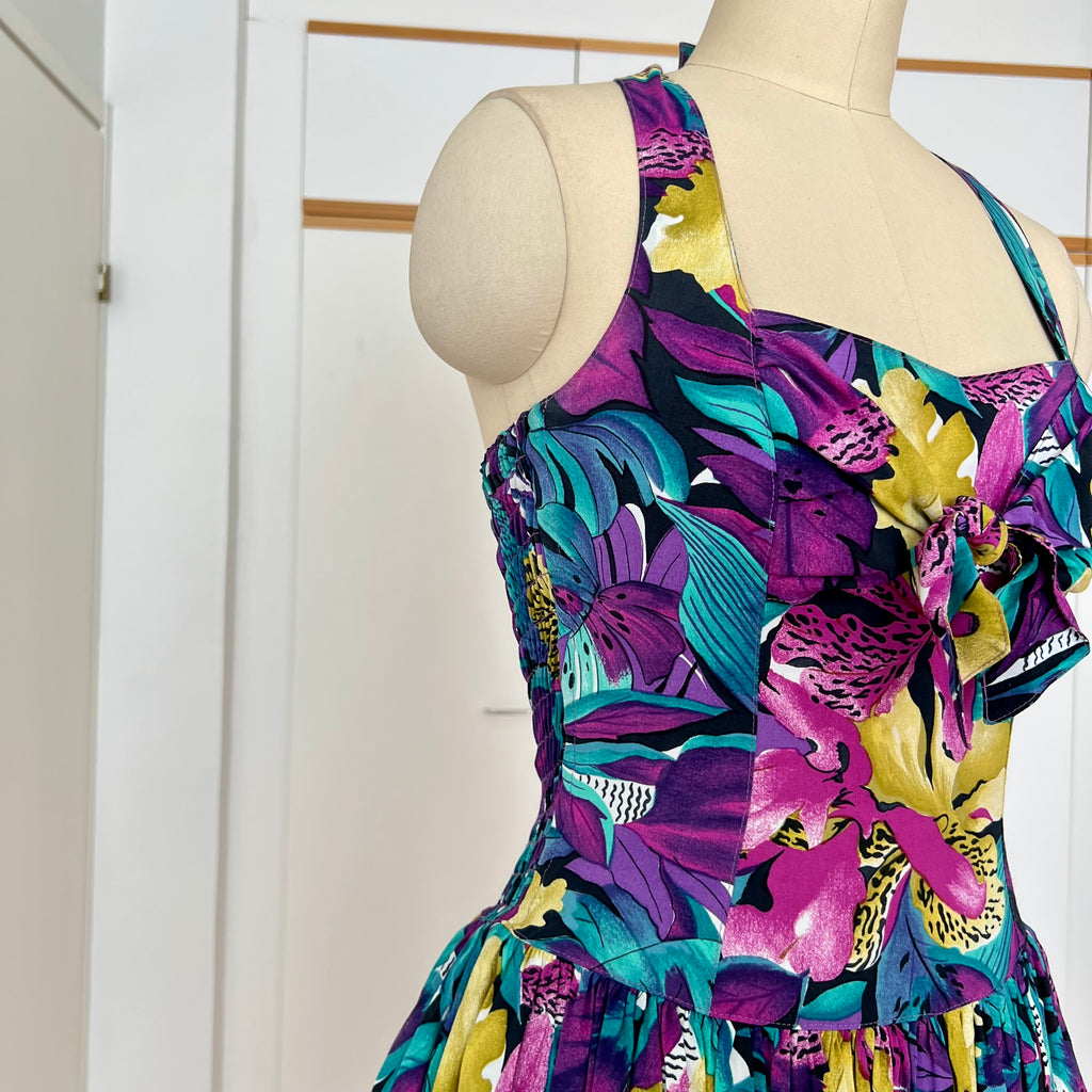 1980s RADAR Tropical Print Halter Dress-1950s Style Viscose Rockabilly Dress