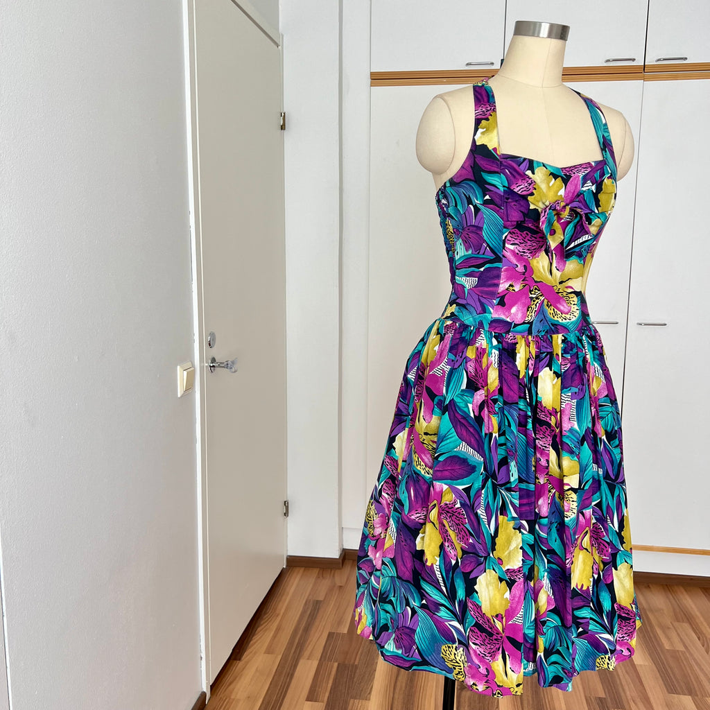 1980s RADAR Tropical Print Halter Dress-1950s Style Viscose Rockabilly Dress