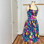 1980s RADAR Tropical Print Halter Dress-1950s Style Viscose Rockabilly Dress