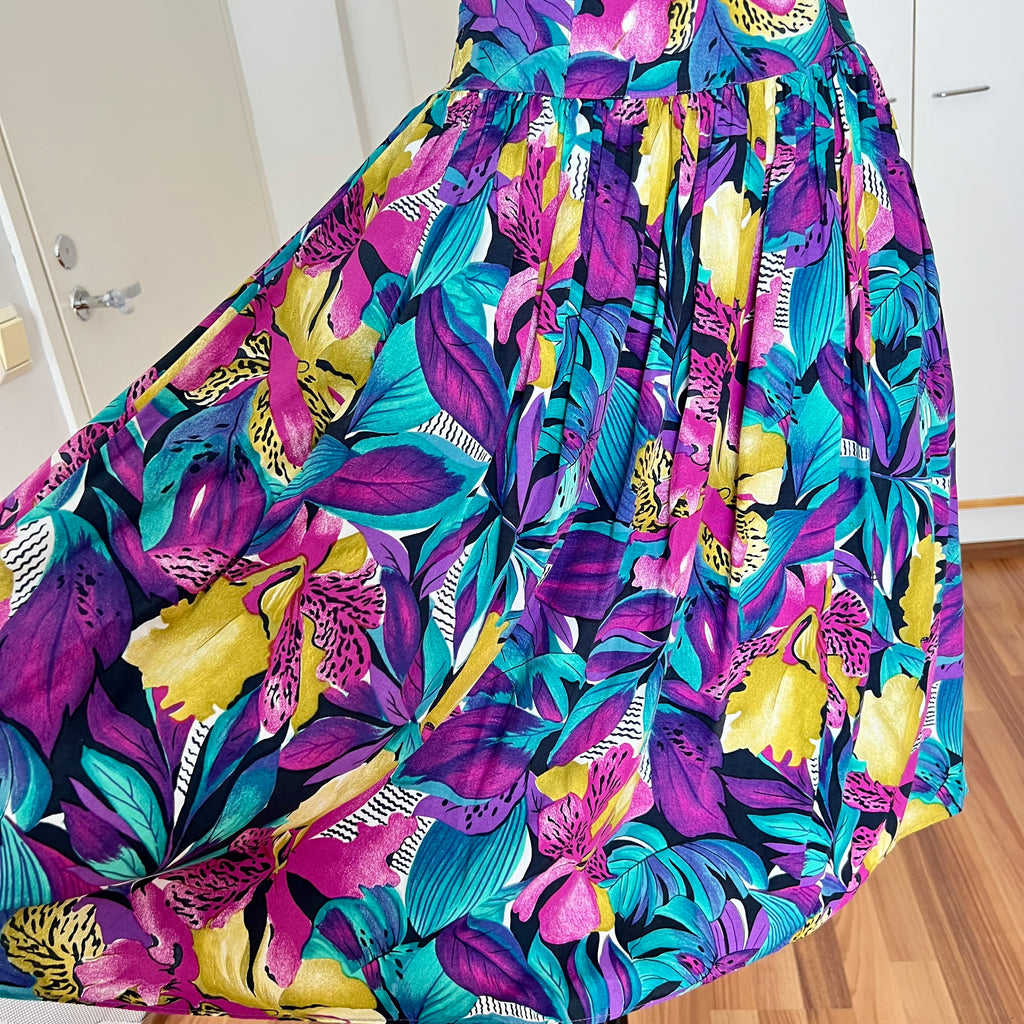 1980s RADAR Tropical Print Halter Dress-1950s Style Viscose Rockabilly Dress