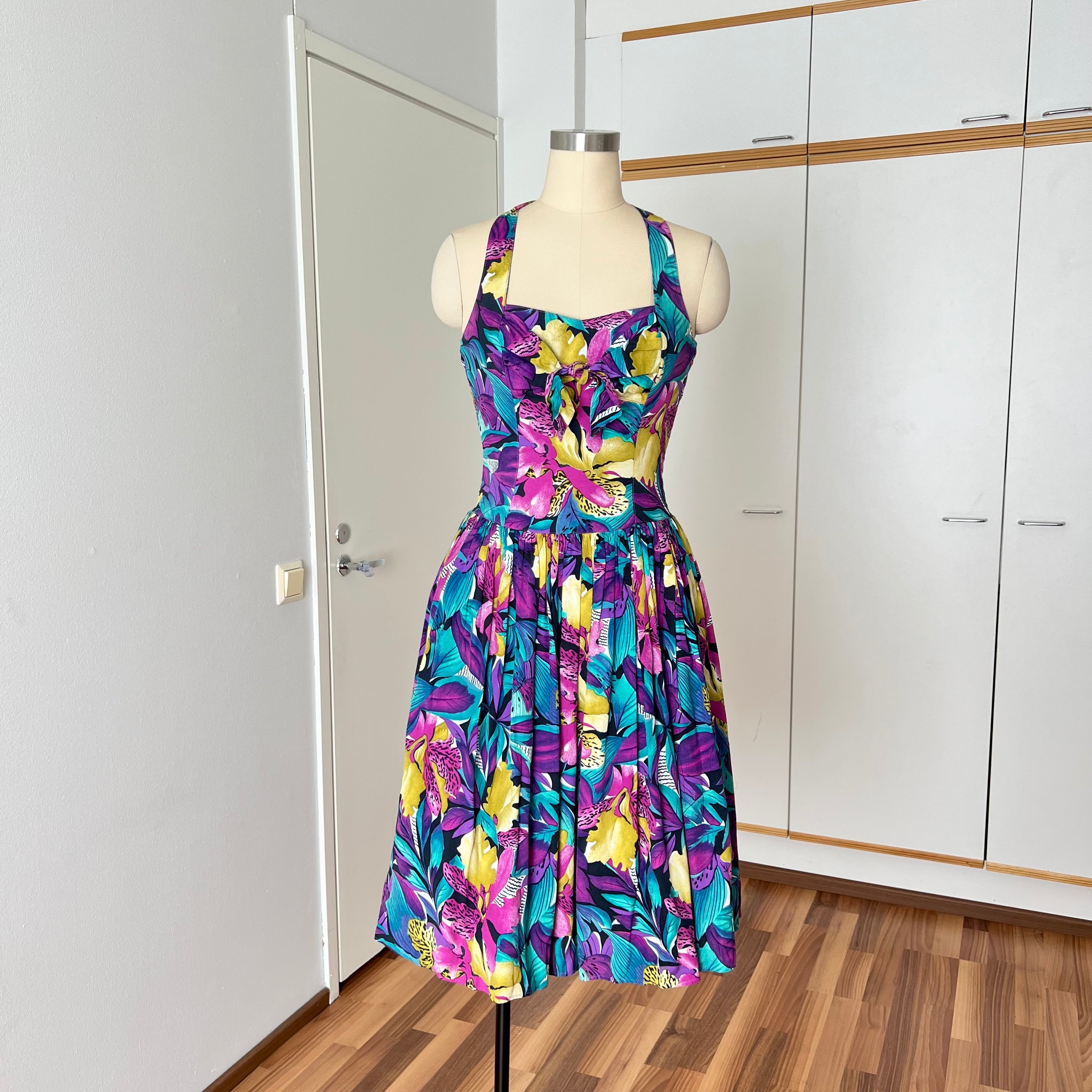 1980s RADAR Tropical Print Halter Dress-1950s Style Viscose Rockabilly Dress