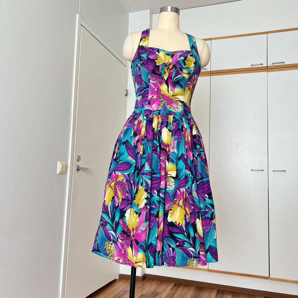 1980s RADAR Tropical Print Halter Dress-1950s Style Viscose Rockabilly Dress