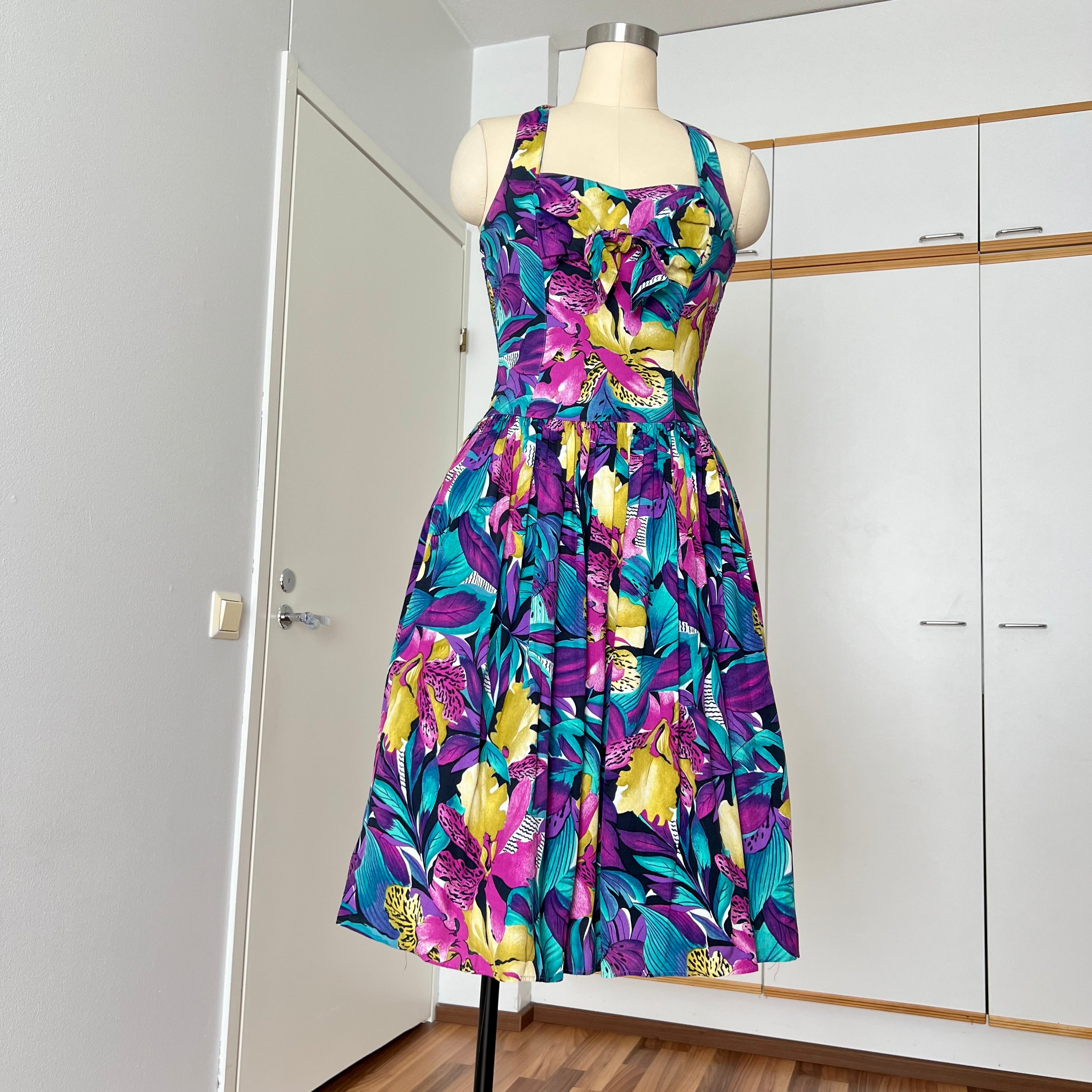 1980s RADAR Tropical Print Halter Dress-1950s Style Viscose Rockabilly Dress