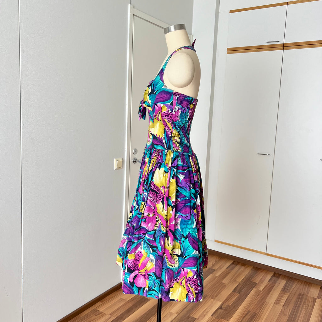 1980s RADAR Tropical Print Halter Dress-1950s Style Viscose Rockabilly Dress