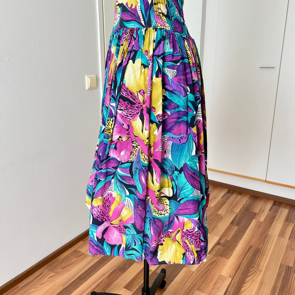 1980s RADAR Tropical Print Halter Dress-1950s Style Viscose Rockabilly Dress