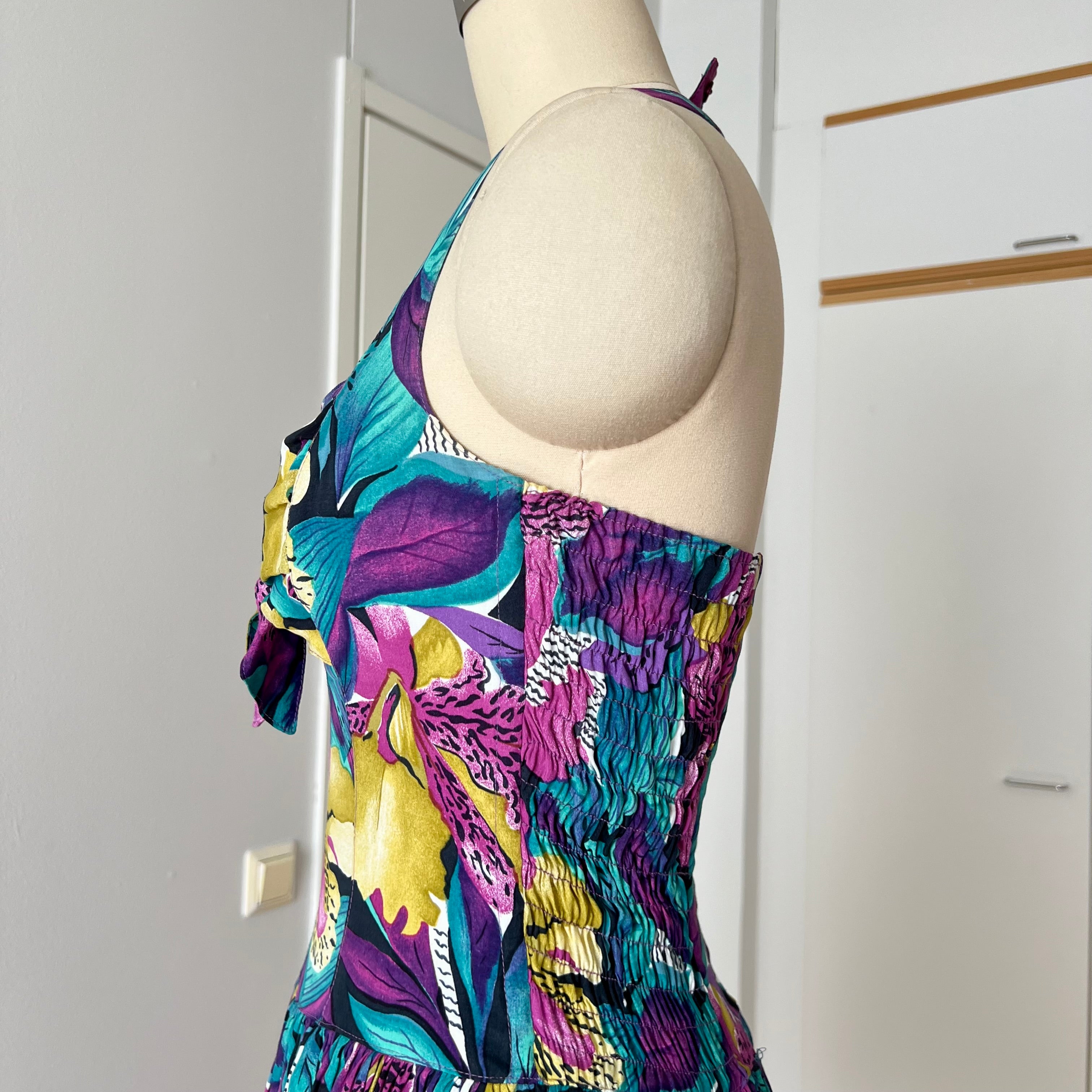 1980s RADAR Tropical Print Halter Dress-1950s Style Viscose Rockabilly Dress