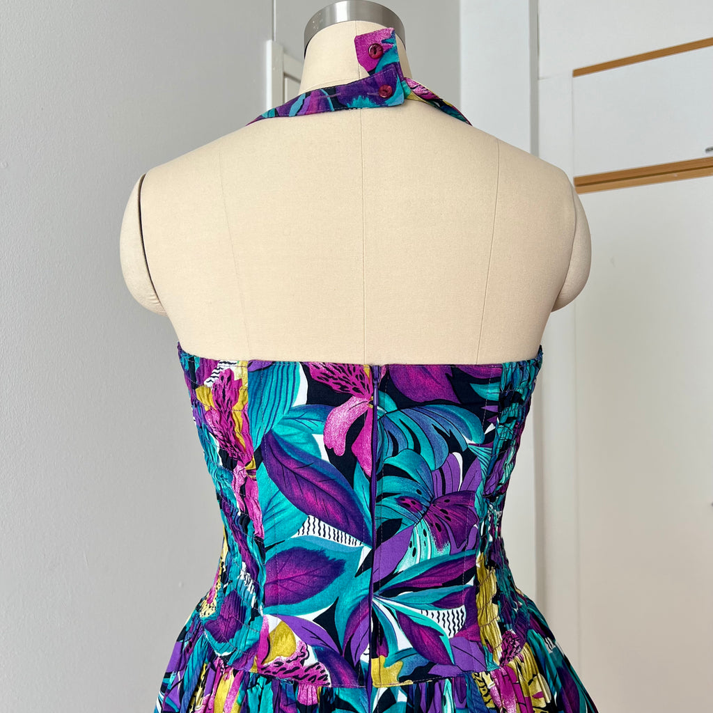 1980s RADAR Tropical Print Halter Dress-1950s Style Viscose Rockabilly Dress