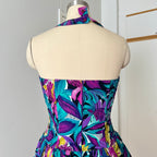 1980s RADAR Tropical Print Halter Dress-1950s Style Viscose Rockabilly Dress
