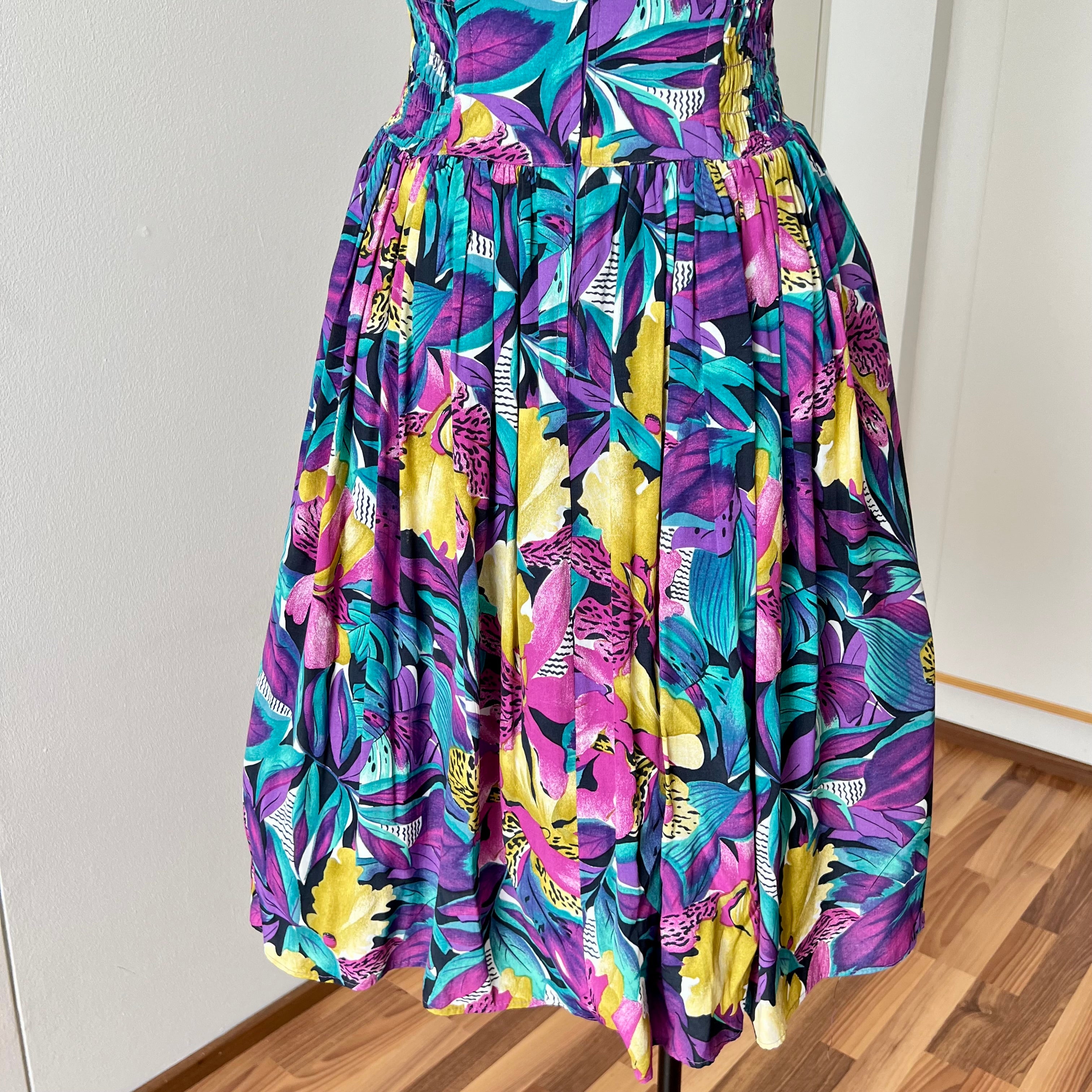 1980s RADAR Tropical Print Halter Dress-1950s Style Viscose Rockabilly Dress
