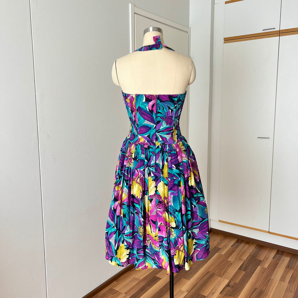 1980s RADAR Tropical Print Halter Dress-1950s Style Viscose Rockabilly Dress