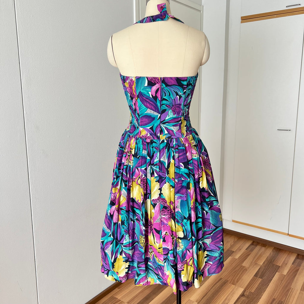 1980s RADAR Tropical Print Halter Dress-1950s Style Viscose Rockabilly Dress