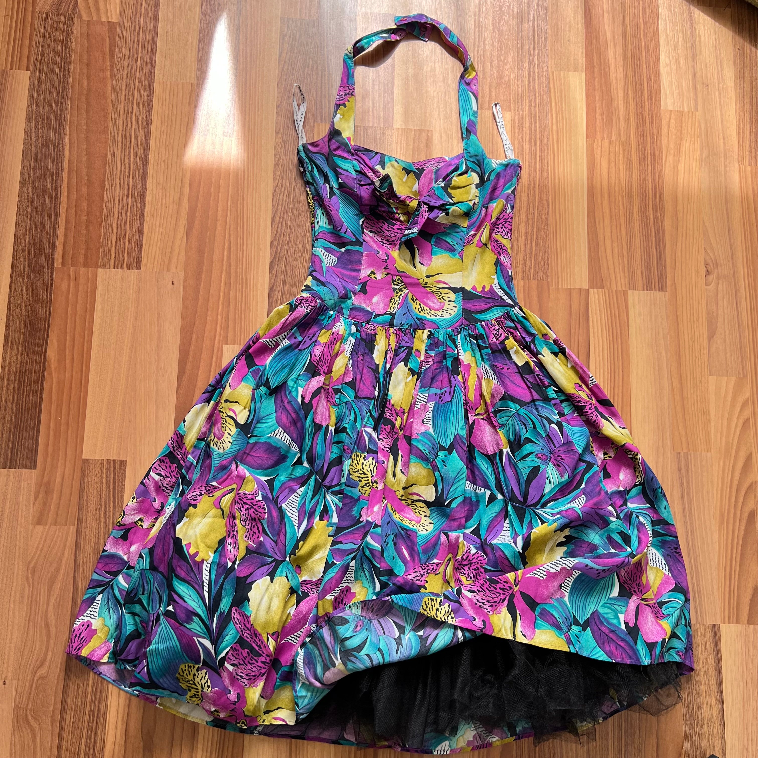 1980s RADAR Tropical Print Halter Dress-1950s Style Viscose Rockabilly Dress