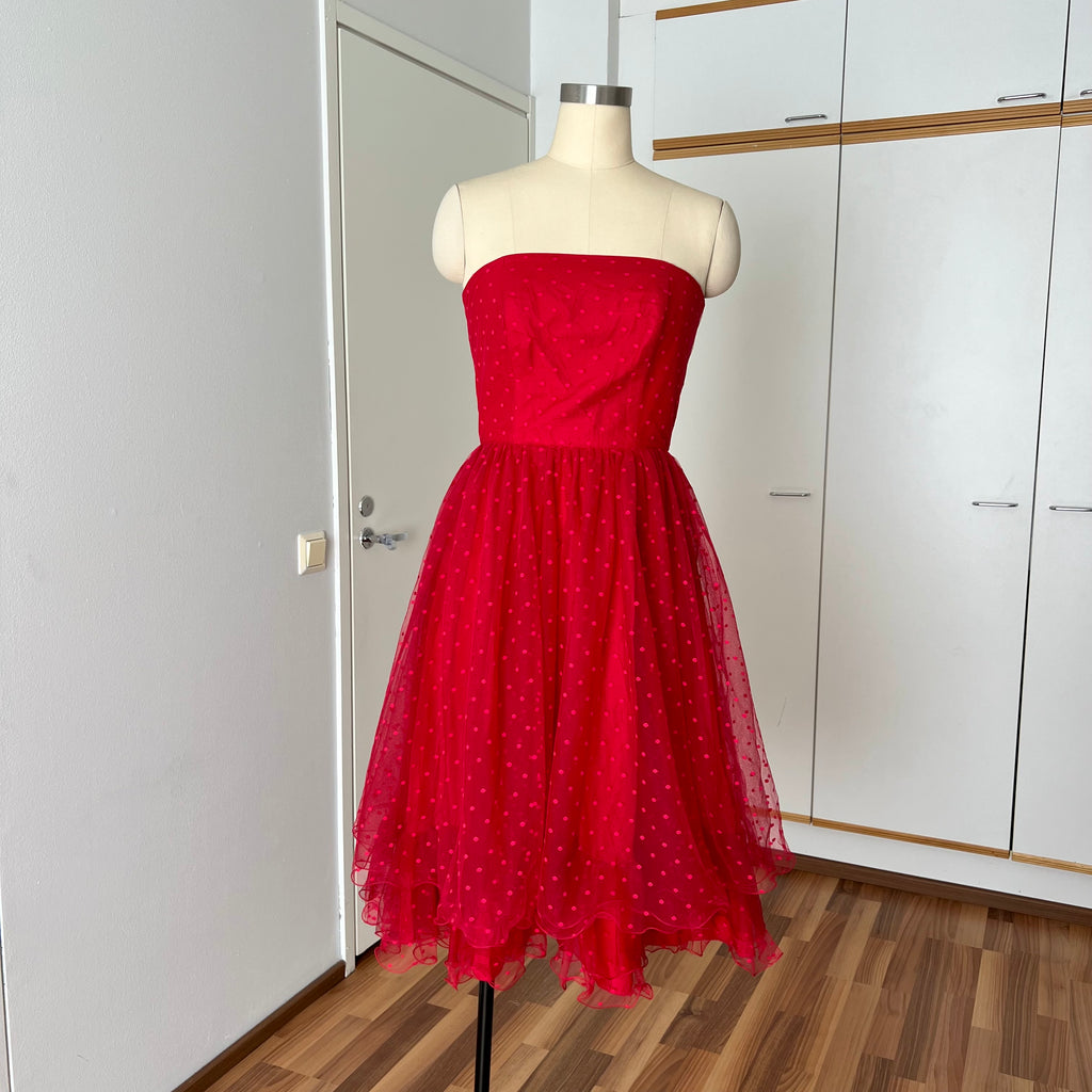 1980s VERA MONT Red Strapless Tulle Dress-Vintage Polka Dot Tiered Ruffle Midi Dress