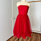 1980s VERA MONT Red Strapless Tulle Dress-Vintage Polka Dot Tiered Ruffle Midi Dress