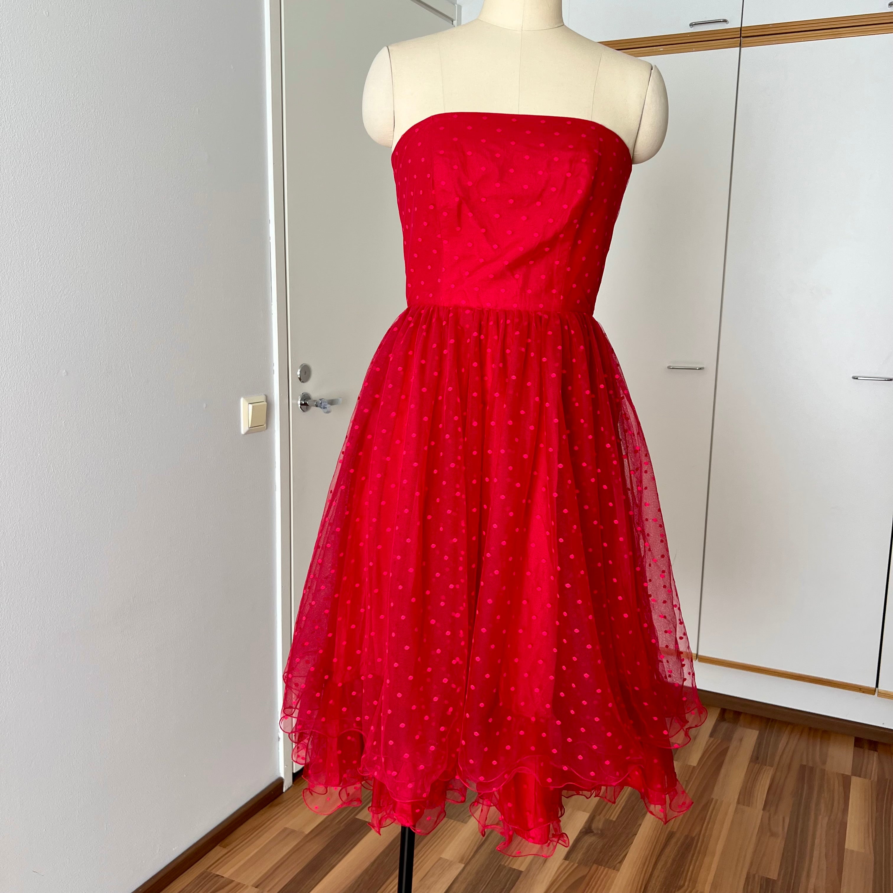 1980s VERA MONT Red Strapless Tulle Dress-Vintage Polka Dot Tiered Ruffle Midi Dress