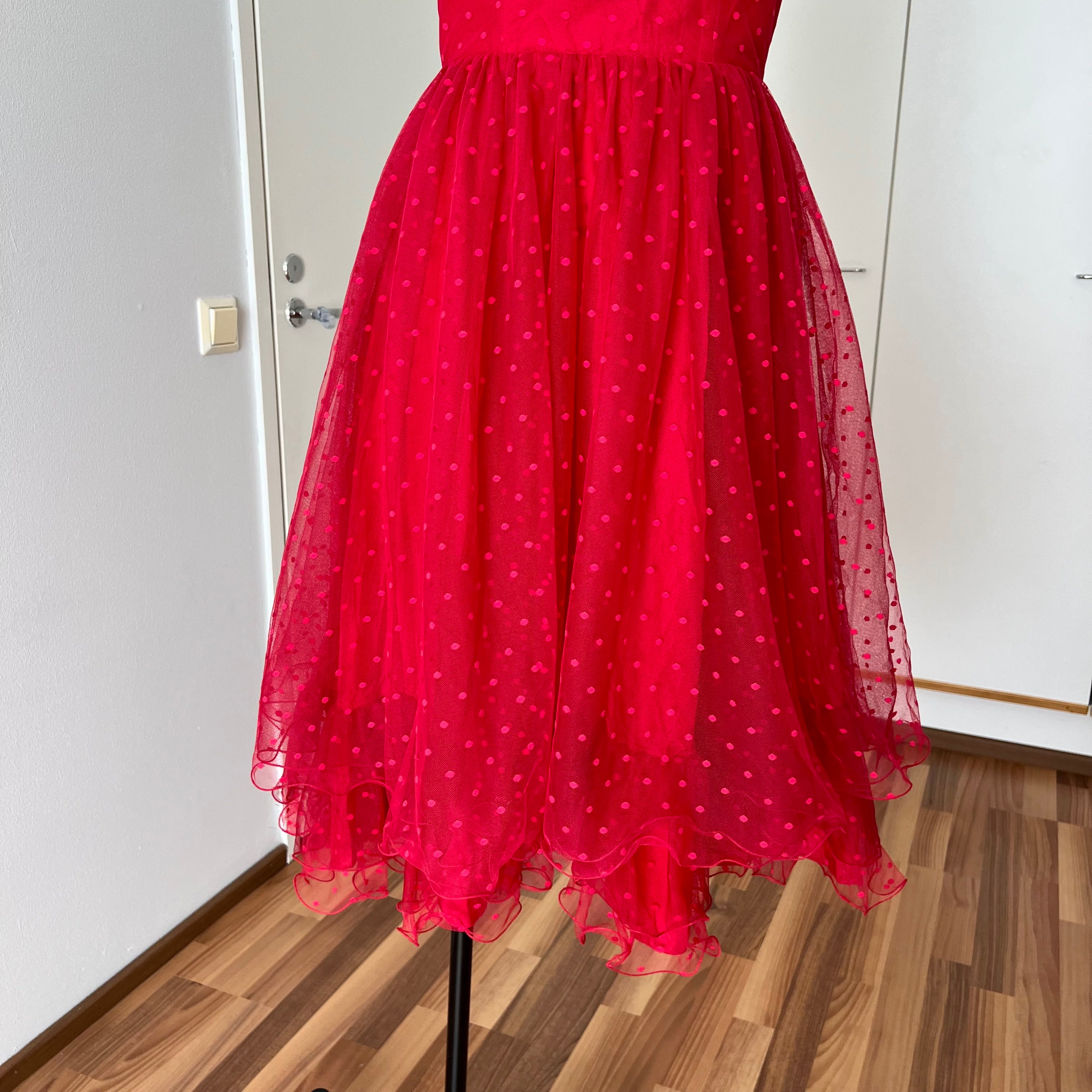 1980s VERA MONT Red Strapless Tulle Dress-Vintage Polka Dot Tiered Ruffle Midi Dress