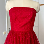 1980s VERA MONT Red Strapless Tulle Dress-Vintage Polka Dot Tiered Ruffle Midi Dress