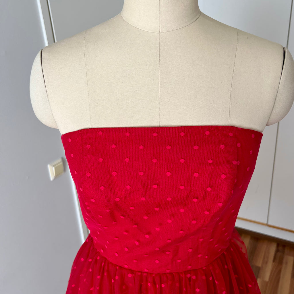 1980s VERA MONT Red Strapless Tulle Dress-Vintage Polka Dot Tiered Ruffle Midi Dress