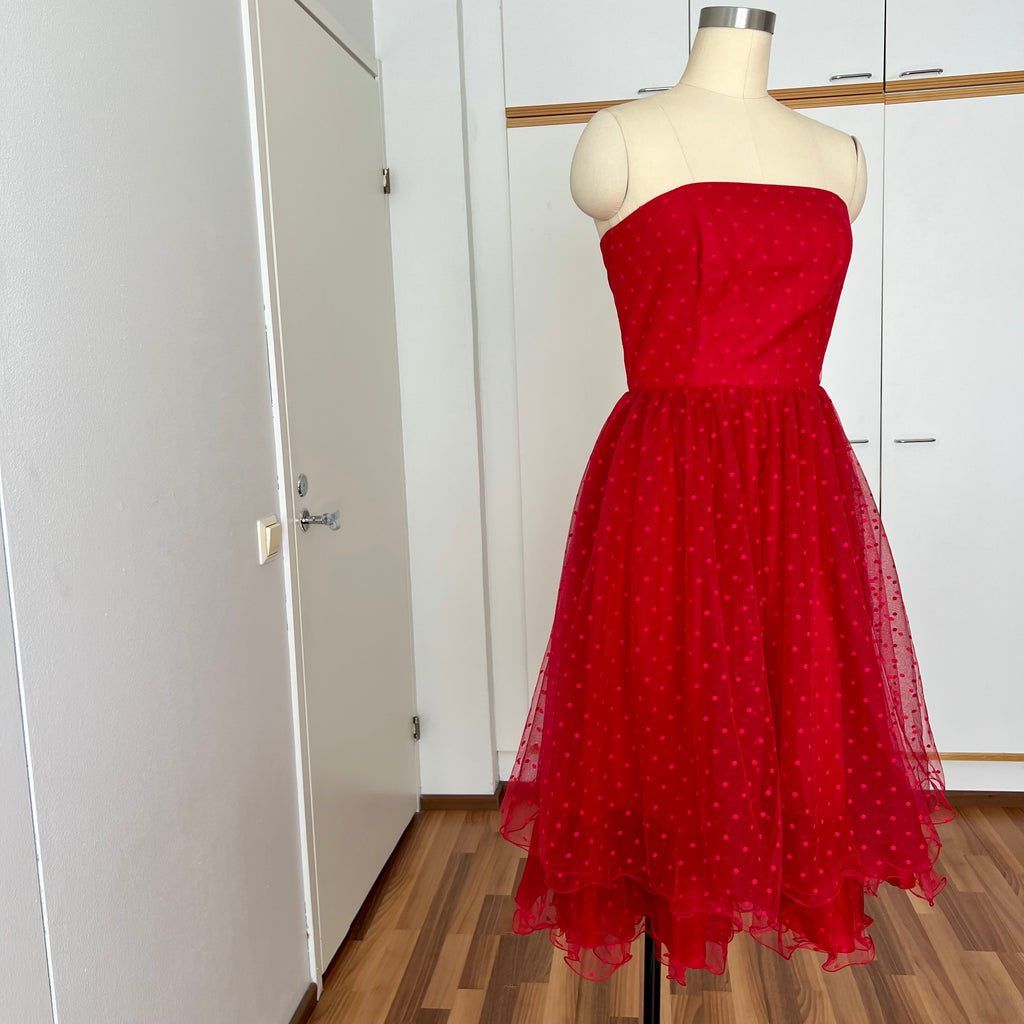 1980s VERA MONT Red Strapless Tulle Dress-Vintage Polka Dot Tiered Ruffle Midi Dress