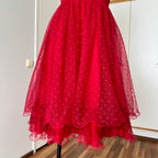 1980s VERA MONT Red Strapless Tulle Dress-Vintage Polka Dot Tiered Ruffle Midi Dress