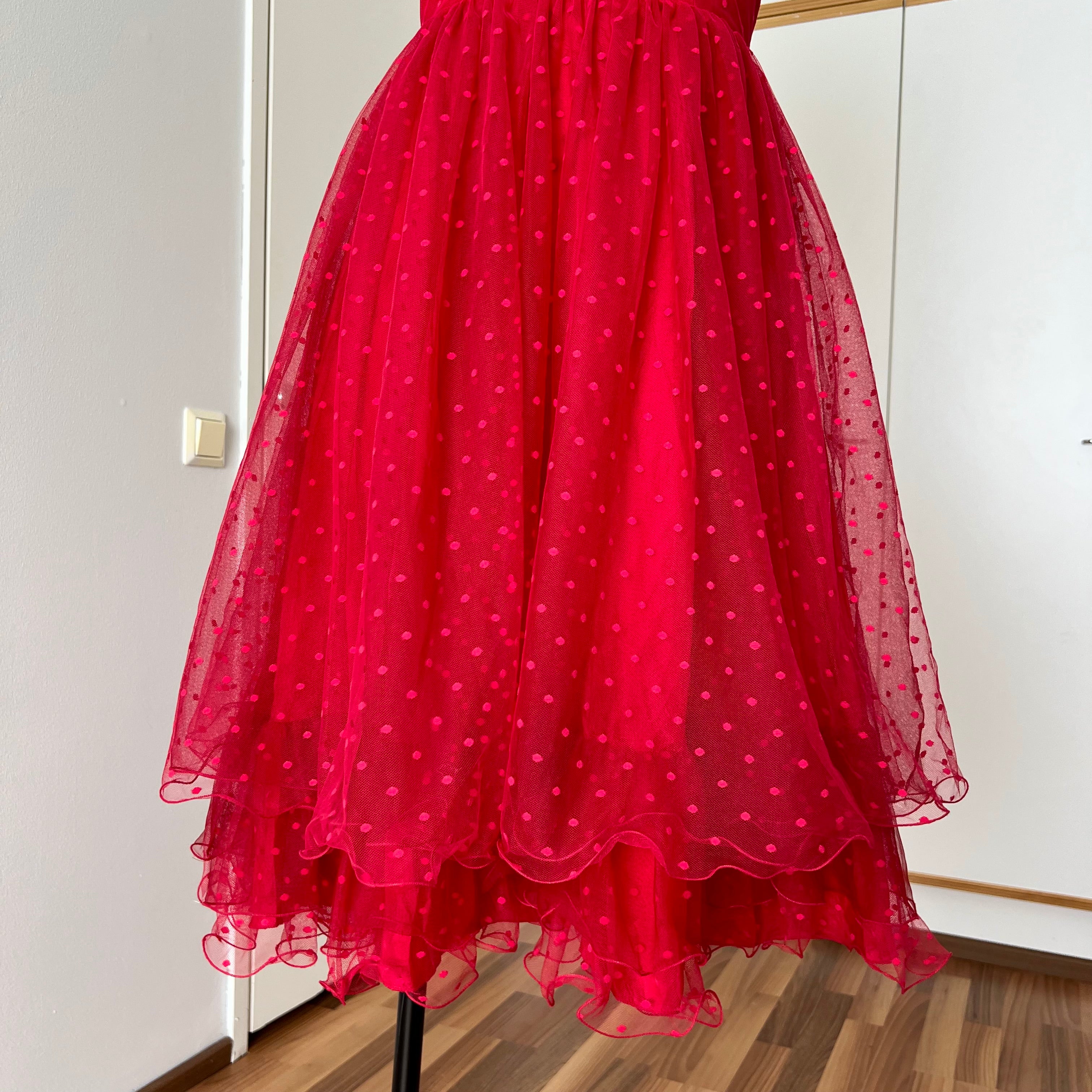 1980s VERA MONT Red Strapless Tulle Dress-Vintage Polka Dot Tiered Ruffle Midi Dress