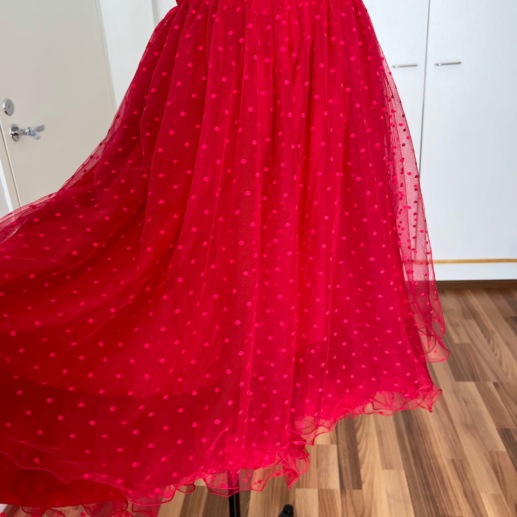 1980s VERA MONT Red Strapless Tulle Dress-Vintage Polka Dot Tiered Ruffle Midi Dress