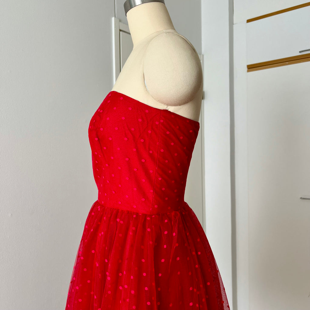 1980s VERA MONT Red Strapless Tulle Dress-Vintage Polka Dot Tiered Ruffle Midi Dress