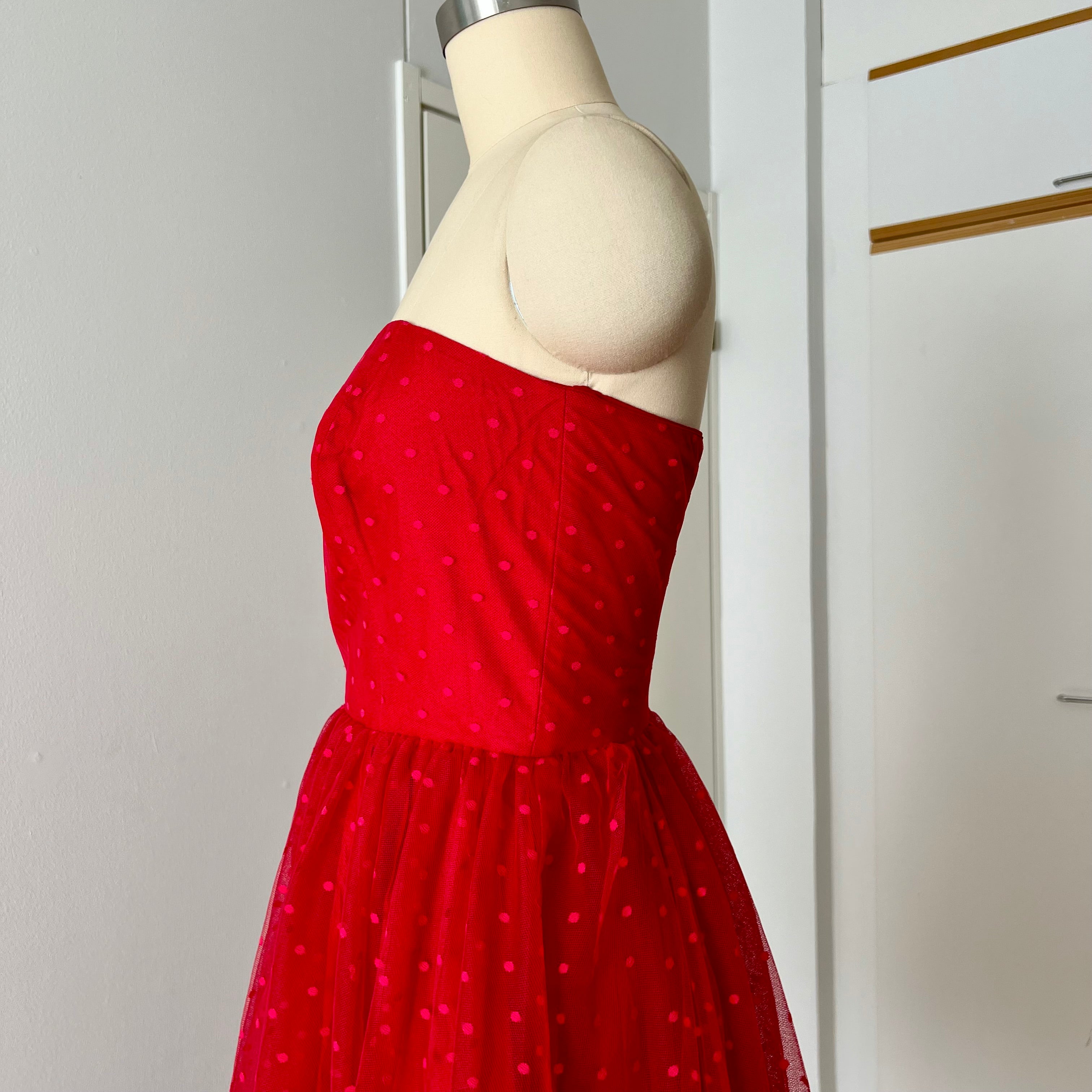 1980s VERA MONT Red Strapless Tulle Dress-Vintage Polka Dot Tiered Ruffle Midi Dress