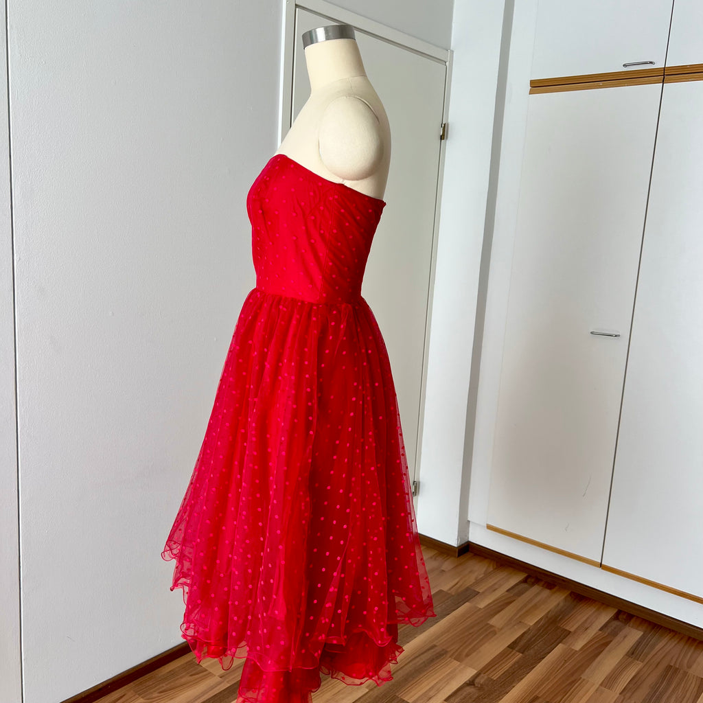 1980s VERA MONT Red Strapless Tulle Dress-Vintage Polka Dot Tiered Ruffle Midi Dress