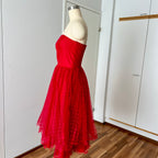 1980s VERA MONT Red Strapless Tulle Dress-Vintage Polka Dot Tiered Ruffle Midi Dress