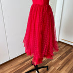 1980s VERA MONT Red Strapless Tulle Dress-Vintage Polka Dot Tiered Ruffle Midi Dress