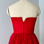 1980s VERA MONT Red Strapless Tulle Dress-Vintage Polka Dot Tiered Ruffle Midi Dress