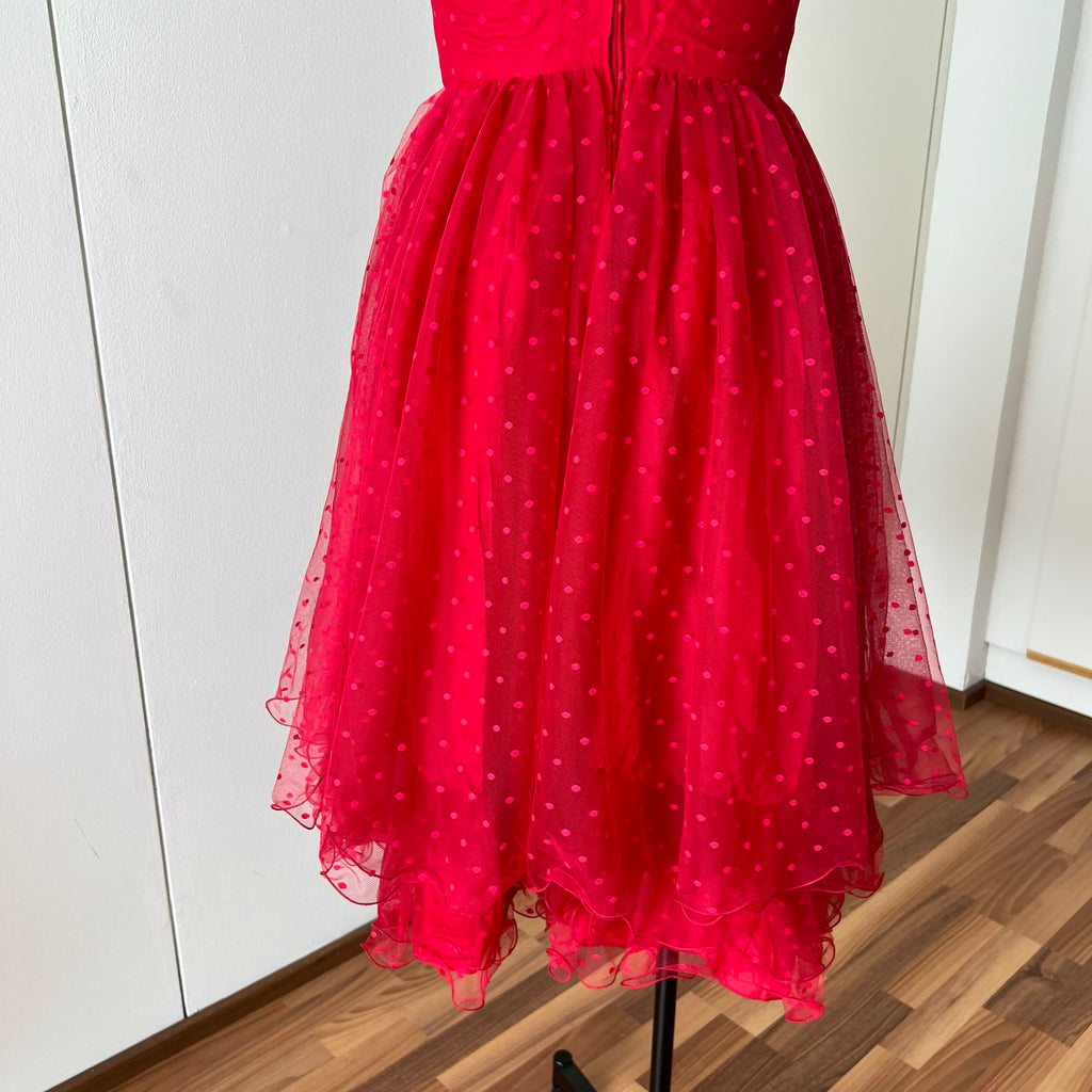 1980s VERA MONT Red Strapless Tulle Dress-Vintage Polka Dot Tiered Ruffle Midi Dress