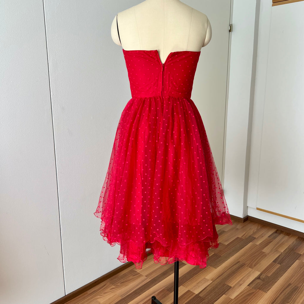 1980s VERA MONT Red Strapless Tulle Dress-Vintage Polka Dot Tiered Ruffle Midi Dress