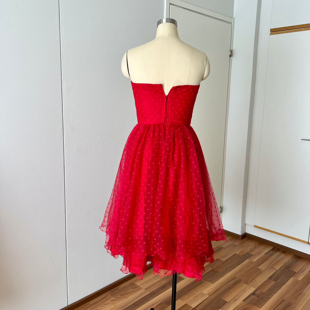 1980s VERA MONT Red Strapless Tulle Dress-Vintage Polka Dot Tiered Ruffle Midi Dress